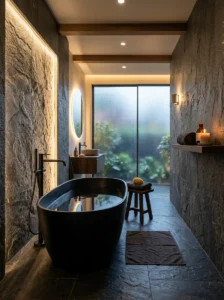 Black freestanding bathtub creating a bold luxury bathroom focal point