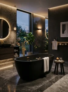 Black bathtub with gold details bathroom