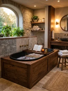 Black bathtub with wood surround modern bathroom