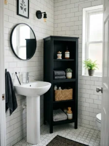 Black open shelving cabinet small bathroom