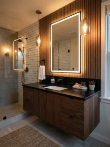 Black countertop with brown cabinet bathroom design
