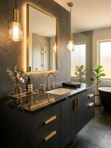 Black countertop bathroom with gold hardware accents