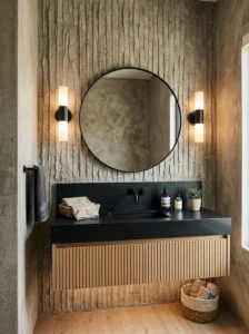Black countertop with textured wall bathroom design