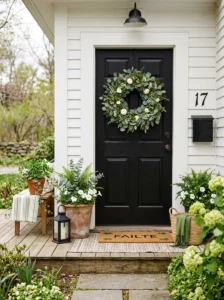 Green eucalyptus wreath on front door for St. Patrick’s Day