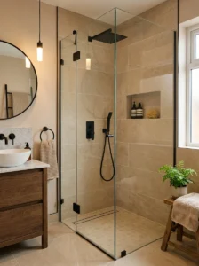 Black shower fixtures softened with warm beige bathroom tiles