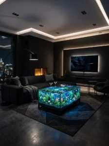 Modern black living room with aquarium coffee table design