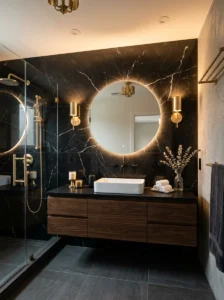 Black marble accent wall adding luxury and texture to bathroom