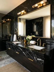 Black marble bathroom accents adding a luxurious and clean feel