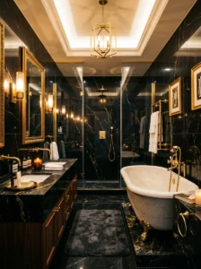 Black marble bathroom with gold accents