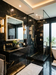 Black marble bathroom with gold fixtures creating a luxurious high-end look