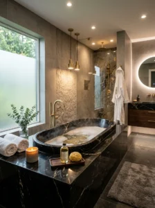 Black marble tub surround bathroom