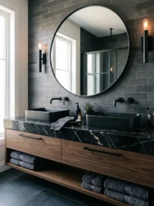 Black marble countertop with matte fixtures
