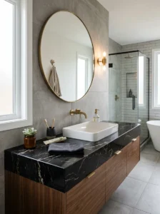 Black marble countertop bathroom with subtle veining