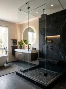 Black marble shower with glass panels