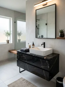 Black marble vanity with white sink bathroom design