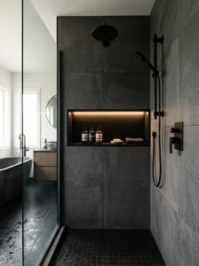 Black shower niche with LED glow adding depth and modern style
