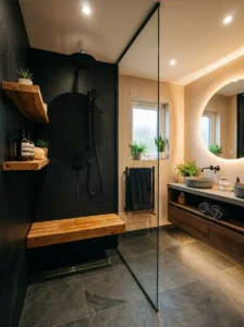 Black shower softened with natural wood accents and warm textures