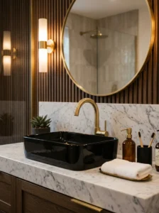 Glossy black sink paired with elegant gold bathroom faucet