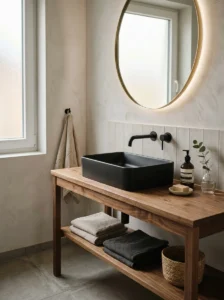 Black sink with wood counter bathroom design