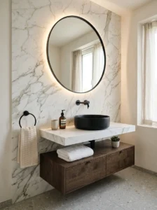 Black sink paired with marble accent wall for elegant bathroom contrast