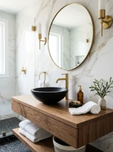 Black sink with gold faucet bathroom