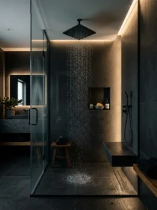 Luxury black spa-inspired shower with modern lighting and sleek finishes