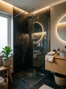 Black stone shower design creating a natural and luxurious bathroom feel