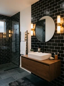 Black subway tile walls with bright white grout