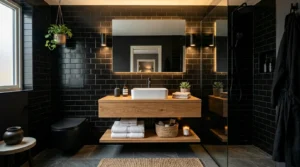Modern bathroom with black subway tile walls and warm lighting
