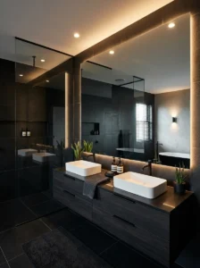Black tile bathroom with large mirrors and modern styling