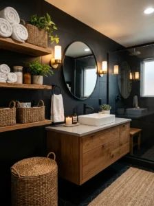Black tile bathroom styled with warm wood accents