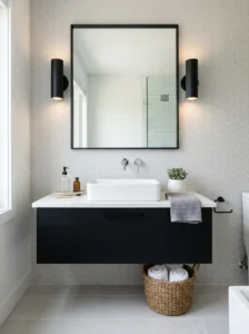 Black vanity with light tile background bathroom