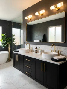 Black vanity with gold hardware bathroom design