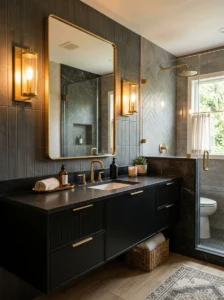Matte black bathroom with gold faucet and shower head, modern contrast design