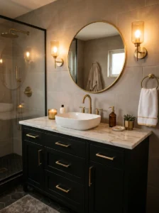 Black vanity with gold hardware bathroom design