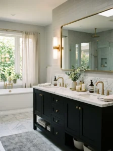 Black vanity with marble countertop bathroom