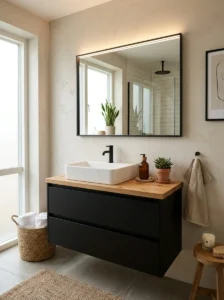 Black vanity with wood countertop bathroom design
