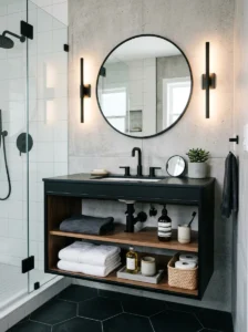 Black vanity with open shelving bathroom