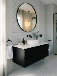 Black vanity with white countertop bathroom