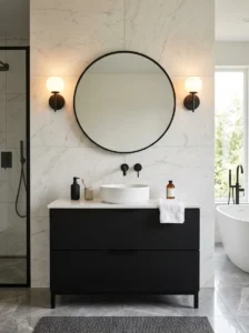 Black vanity with white countertops creating contrast in modern bathroom