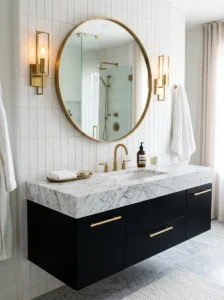 Black vanity and white marble countertop creating elegant bathroom contrast