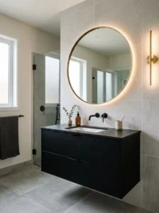 Black vanity with statement mirror bathroom