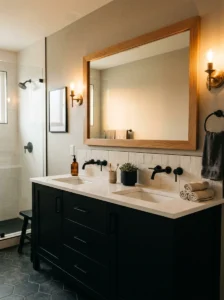 Black vanity with wood frame mirror bathroom design
