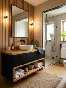Black vanity with wood accents bathroom
