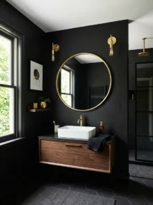 Gold mirror frame on black wall bathroom