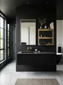 Gold shelves on black wall bathroom