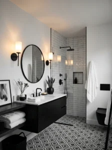 Soft lighting making a black and white bathroom feel warm and inviting