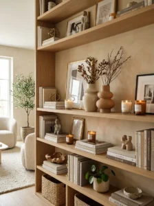 Decorative objects layered beautifully on bookshelf shelves with books and artwork.