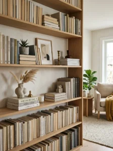 Styled bookshelf using stacked books as the foundation for shelf decor and organization.