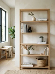 Minimalist bookshelf styling with balanced spacing and negative space for a clean designer look.